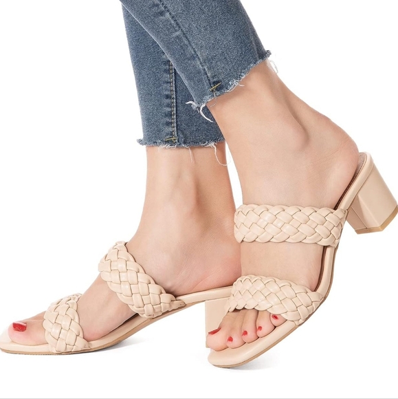 N.N.G Women Heels Sandals Braided Block Nude Summer Chunky Square Leather Sz 10 - Picture 6 of 8